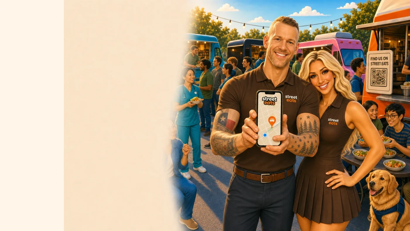 Brand illustration of Street Eats founders Steven and Stephanie presenting the app within a food-truck community.