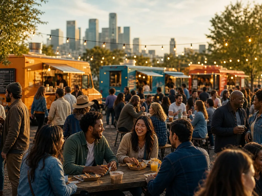 A community gathered at a food truck festival