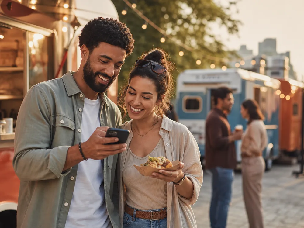 Food lovers using a phone beside food trucks