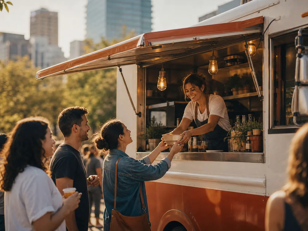 A mobile vendor serving a lively crowd