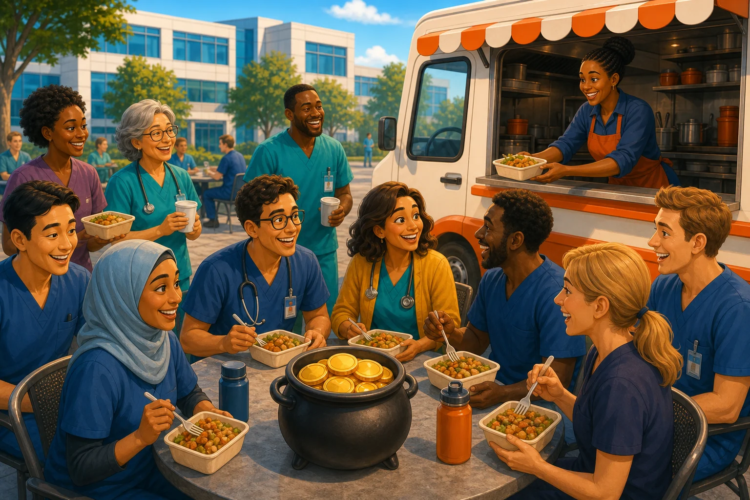 Concept illustration of a hospital team sharing food beside a truck, with a symbolic community tip pot.