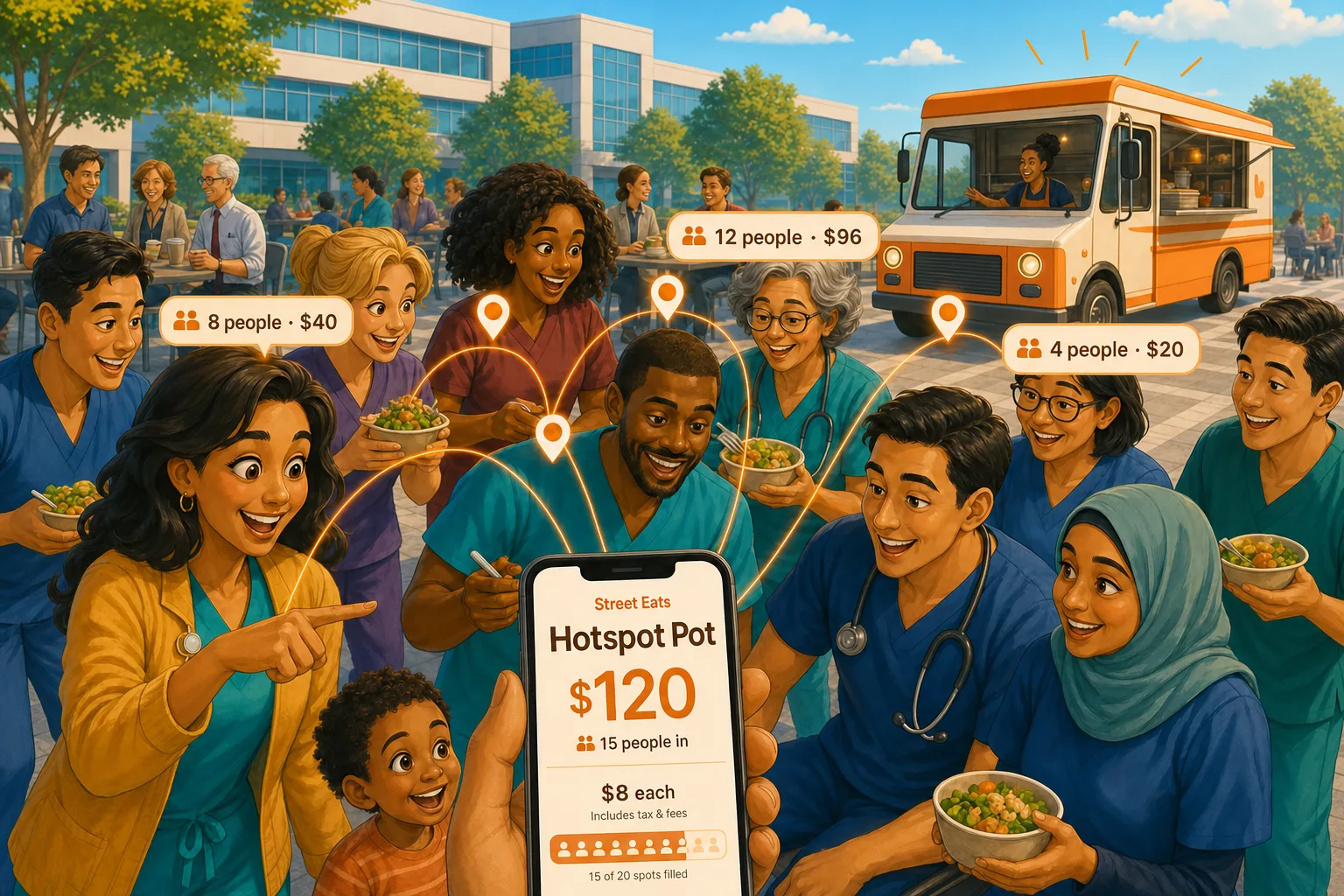 Street Eats Hotspot Pot on a phone showing a $120 pool with 15 people in, plus nearby pots at different headcounts and prices