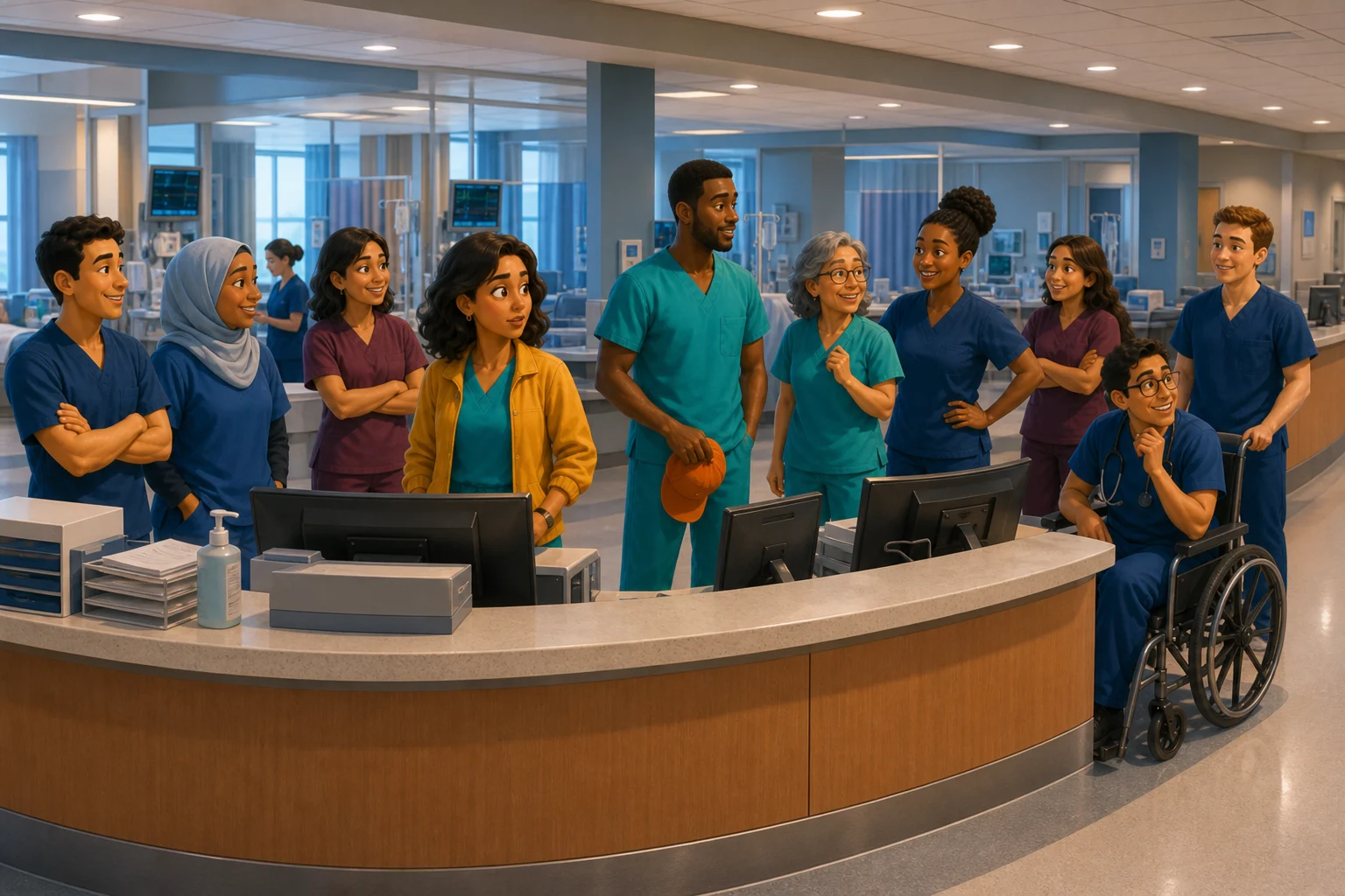 Nursing staff stand behind the counter of a hospital ward station.
