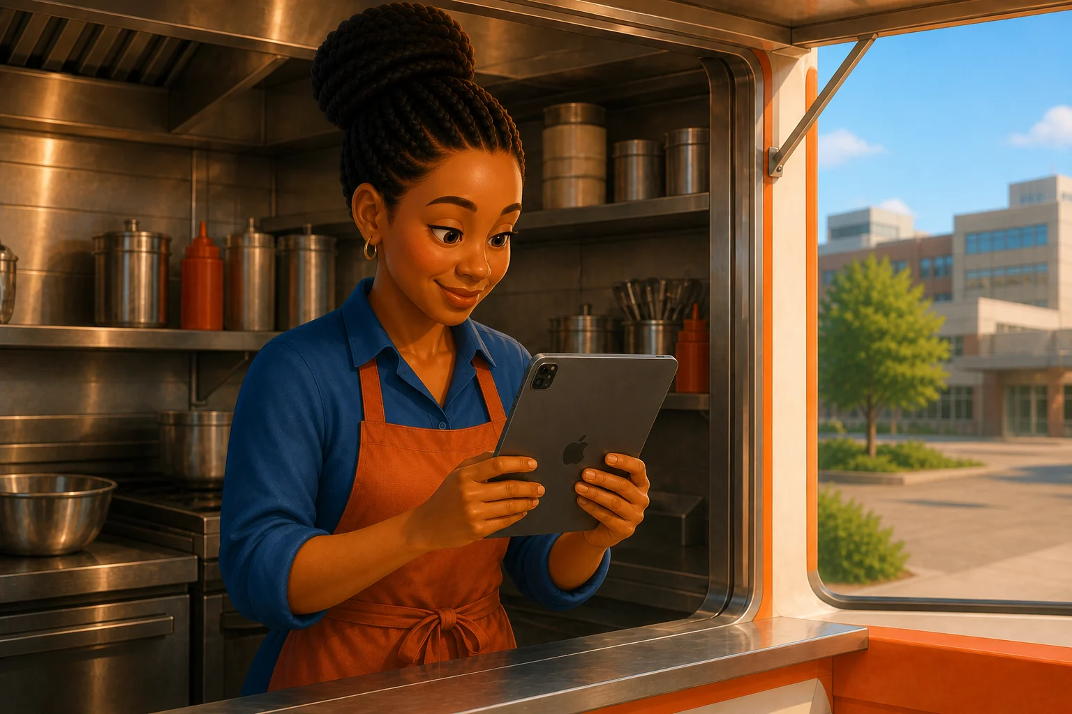 A food-truck owner looks at her tablet inside the truck.