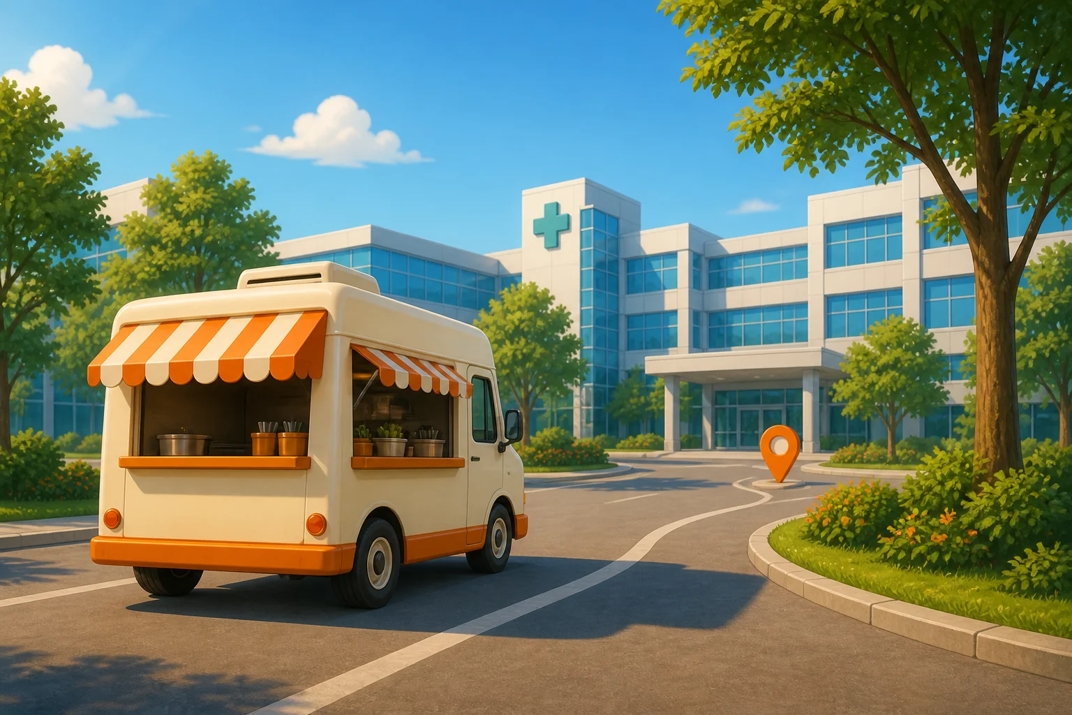 A food truck drives toward the hospital campus.