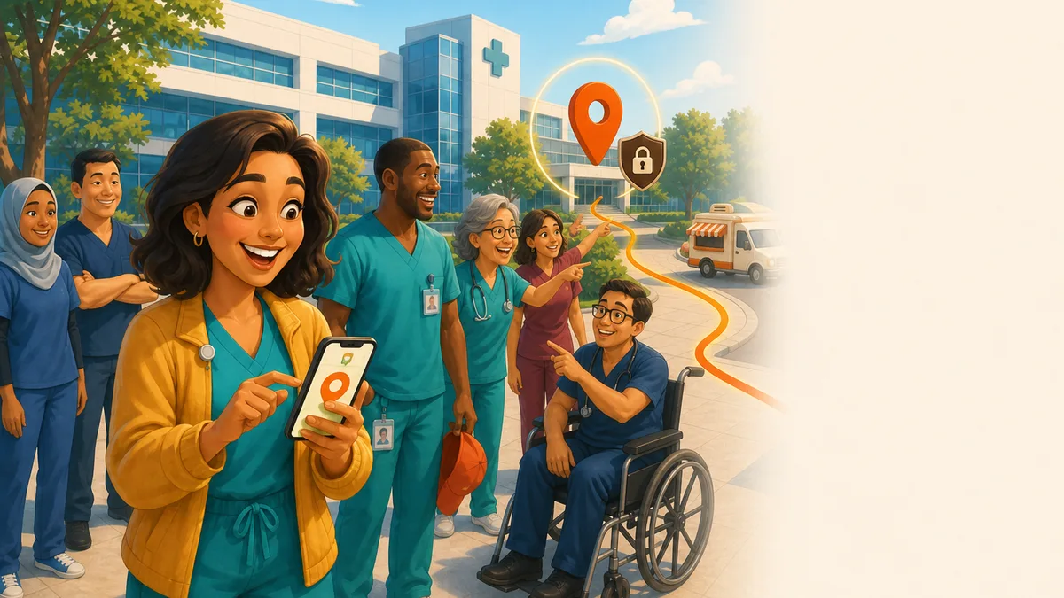Maya shares the hospital courtyard entrance as the precise truck meetup point.