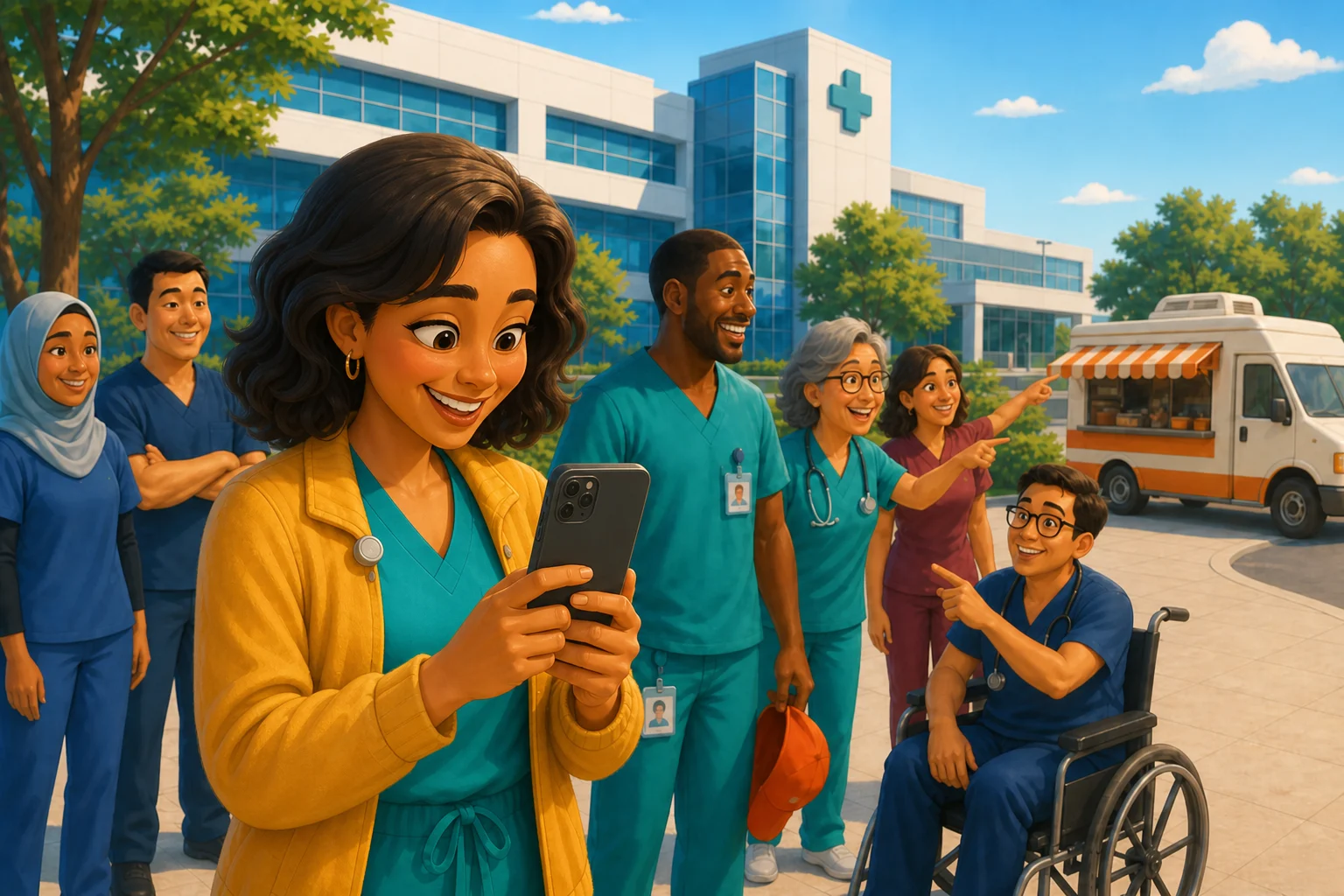 A nurse looks at her phone while the team waits as the truck parks nearby.