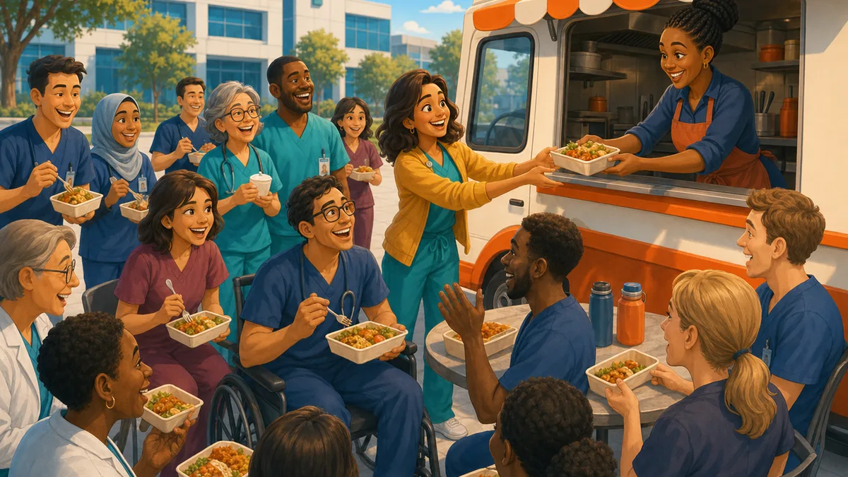Nia serves Maya and a diverse 15-person hospital lunch team from her food truck.