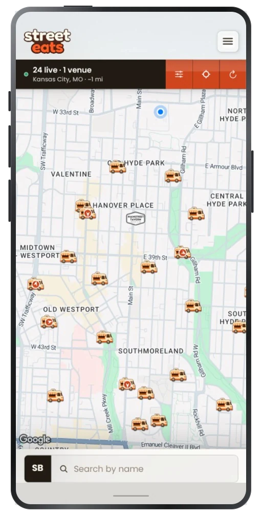 Street Eats food truck map example showing participating truck pins in Kansas City