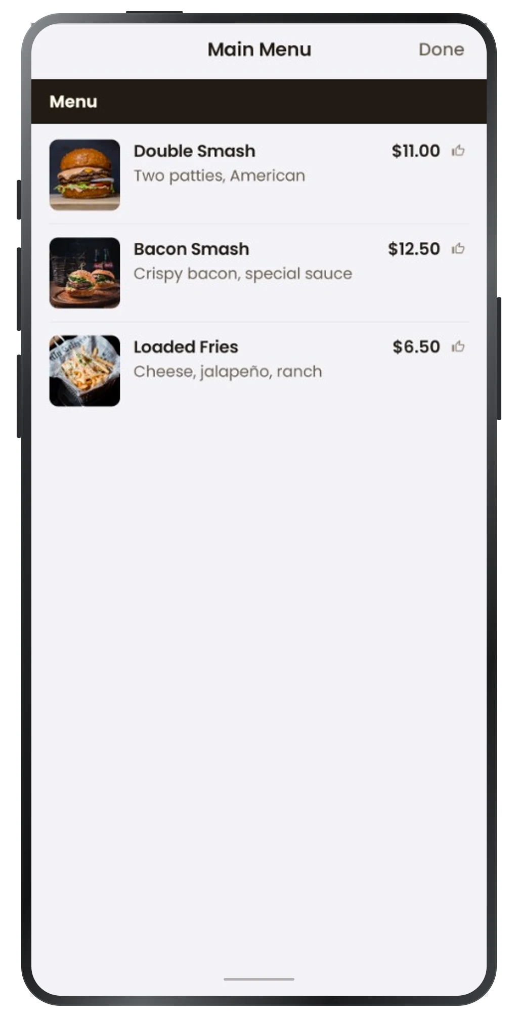 Street Eats app preview: a published food truck menu.