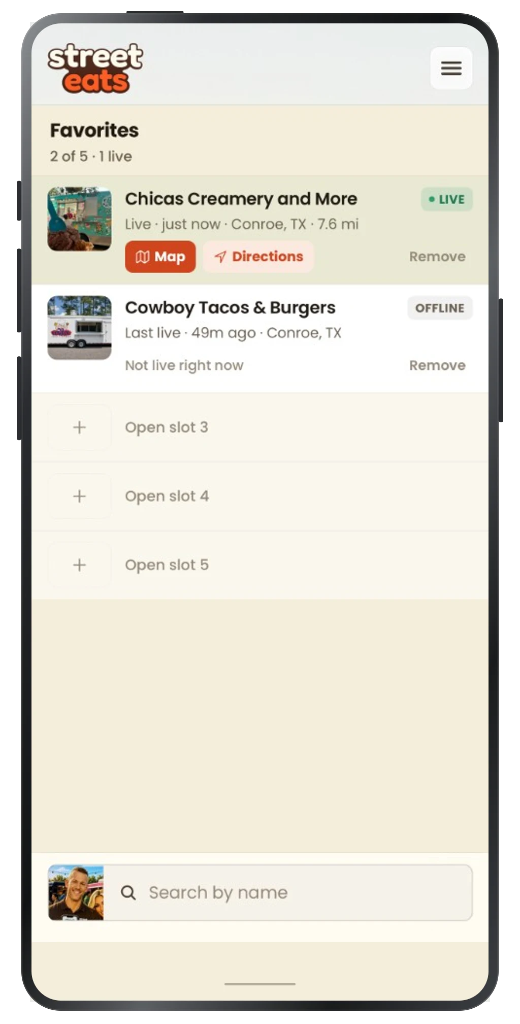 Street Eats app preview: saved trucks and their broadcast status.
